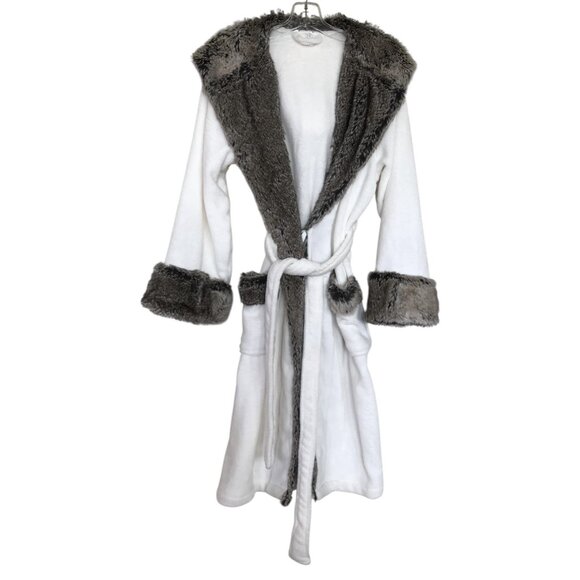 Pottery Barn Brown Ombre Faux Fur Robe Bathrobe Size Medium Brown White Hooded - Picture 1 of 12